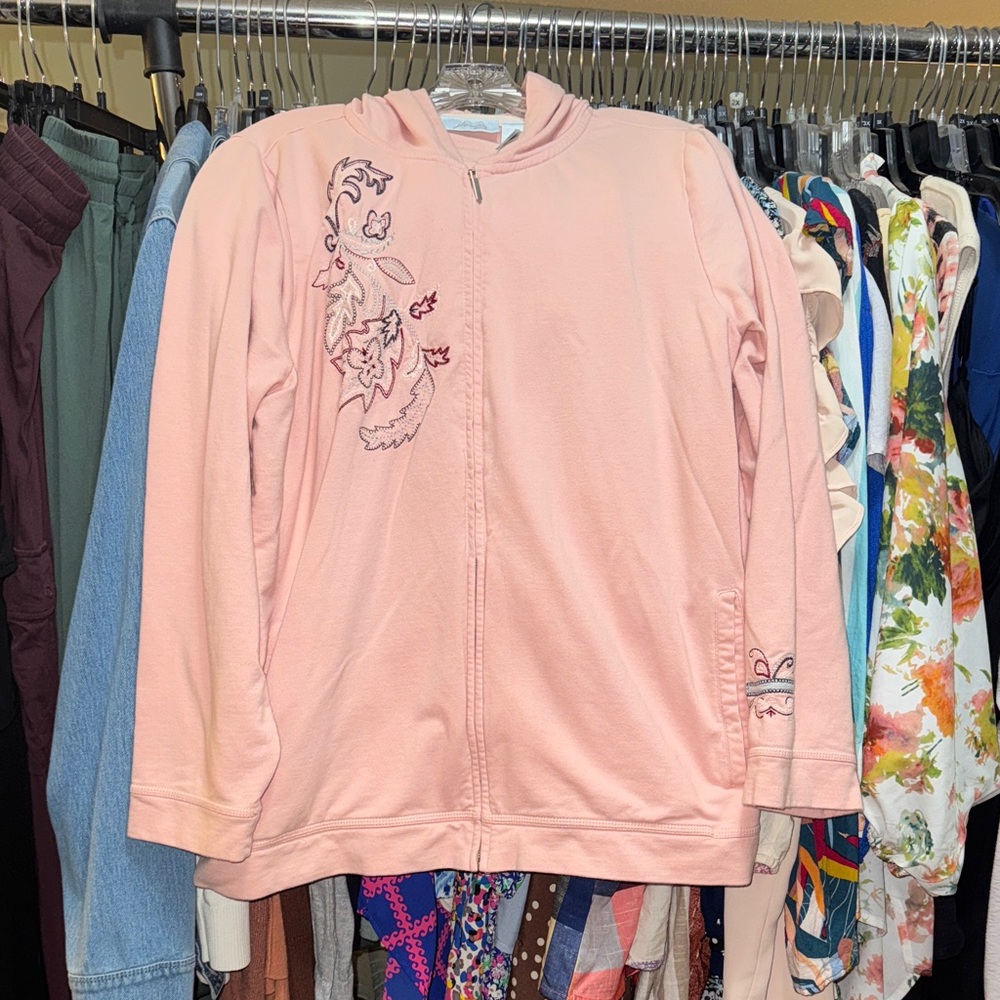 Pink Embroidered Zip-Up Hoodie